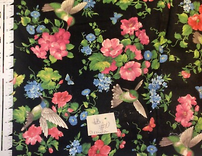 #ad Cranston Hummingbird Morning Glory Floral on Black Cotton Fabric By the Yard $17.99