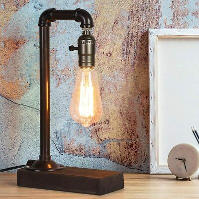 #ad HAITRAL Retro Vintage Industrial Loft Style Steam Punk Lamp w Wood Base Pipe $16.99