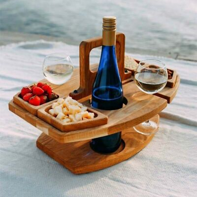 #ad Tables Wooden Picnic Table With Glass Holder Round Foldable Desk Wine Glass R Bh $25.89