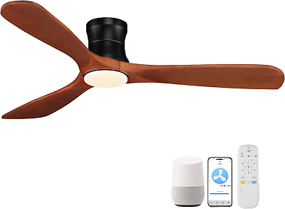 #ad 52” Smart Wood Low Profile Ceiling Fans with Lights RemoteQuiet DC Indoor Flush $237.38