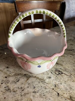 #ad Milk Glass Hand Painted Basket Vase 9.5in tall 6in wide Easter $14.80