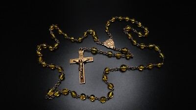 #ad Antique Very Old Gold Yellow Glass Bead Gold Rosary Beautiful Condition $96.00
