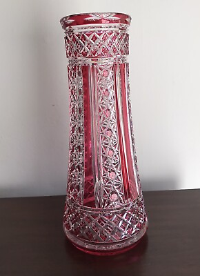 #ad Antique Crystal Vase Cranberry Cut To Clear 13quot; $595.00