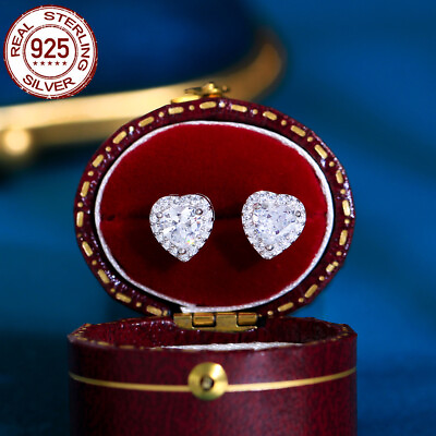 #ad Genuine White 925 Sterling Silver Cubic Zirconia CZ Heart Women Stud Earrings $8.39