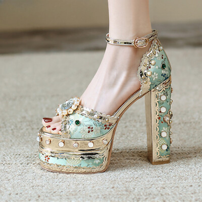 #ad Luxury Women Sandals Studded Square Heels Platform Crystal Sexy Pumps High Heel $167.70