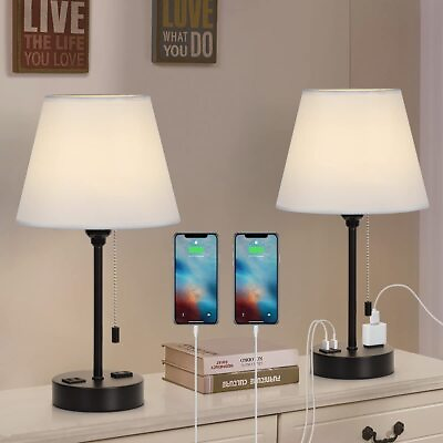 #ad Set of 2 Table Lamps Modern Bedroom Nightstand Desk Lamp w 2 USB Charging Ports $30.99