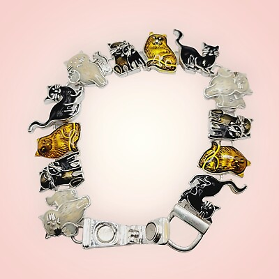 #ad Cat Bracelet Magnetic 7 Inches Black White Gold Kitty Kitten Silver Feline $17.95
