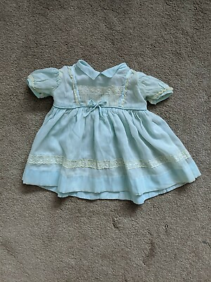 #ad VTG 50s Sheer Baby Girl Dress Blue Aqua Ivory Lace Trim $50.00