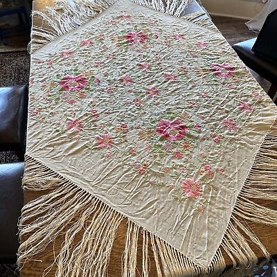#ad Antique Silk Piano Shawl Floral Embroidered 1920s 48x52” Scarf Plus Fringe 14” $220.00