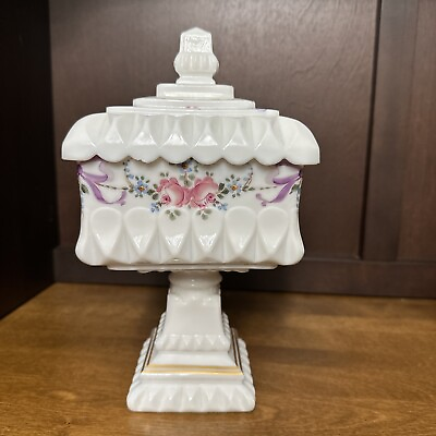 #ad Westmoreland Milk Glass Footed Pedestal Wedding Box Candy Dish Hand Painted 10” $19.99