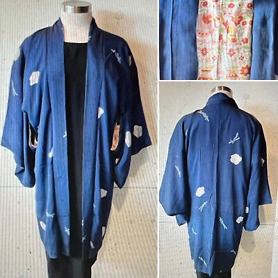 #ad Japanese Kimono Blue Silk Jacquard Handprint Lining Open Mid Length Jacket O S $99.00