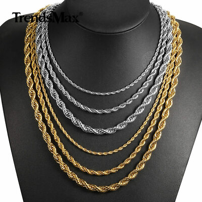 #ad 16quot; 30quot; Twisted Rope Chain Gold Plated Stainless Steel Link Necklace Men 3 7mm $8.49