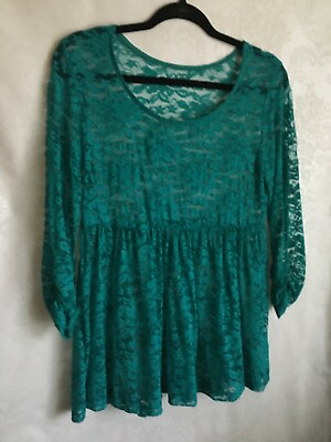 #ad Lace Top Blouse Turquoise Sheer Baby Doll Shirred Sleeve Bust 33quot; No Tags A1 $7.20