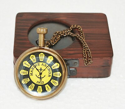 #ad Antique Vintage Maritime Marine Anchor Brass 1912 Pocket Watch with Wooden Box $31.96