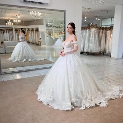 #ad 3D Flowers Wedding Dresses White V Neck Lace Off Shoulder Ivory Bridal Ball Gown $138.01