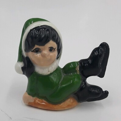 #ad Vintage Pixie Elf Ceramic Green Santa Girl Christmas Figurine 2quot; tall $29.62