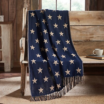 #ad New Primitive Americana NAVY PATRIOTIC STAR THROW Woven Afghan Blanket Coverlet $18.90