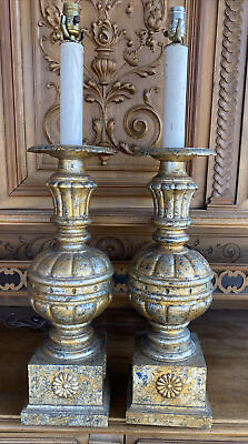 #ad Vintage Pair Of Hollywood Regency Large Table Lamps Gold $266.50