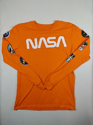 #ad Chemistry NASA Bright orange long sleeve Shirt Space Shuttle Decals Small Mens $13.58