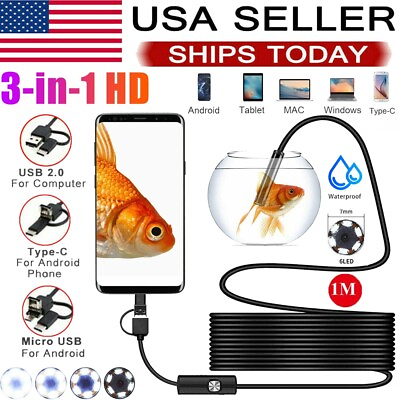 #ad 7mm LED HD Snake Endoscope Borescope Inspection Camera for USB Type C Android PC $9.93