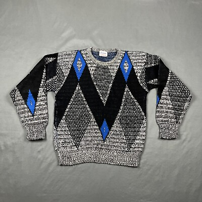 #ad Vintage Edison Knitwear Geometric Sweater 100% Acrylic Large Blue Black Grey VTG $24.99