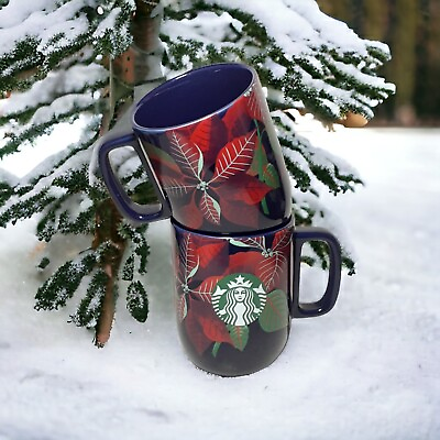 #ad Starbucks Mugs Lot of 2 Christmas Mermaid with Poinsettia Holiday 12 oz $40.02