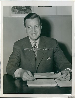 #ad 1947 Smiling Man Looks Ahead Folder Papers Sitting At Desk Photo 7X9 $19.99