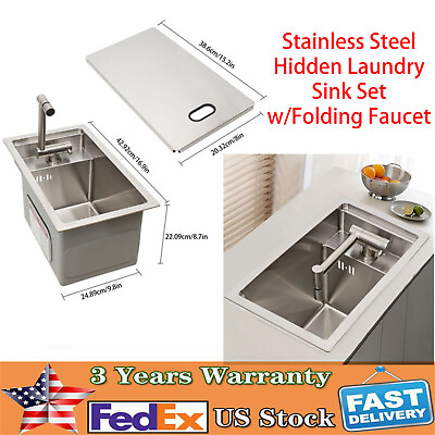 #ad Single Bowl Bar Kitchen Laundry Sink Set Stainless Steel Hidden w Folding Faucet $218.49