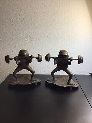 #ad Vintage Weight Lifting Bronze Brass Frog Figurines Decor Barbell Feng Shui $60.00