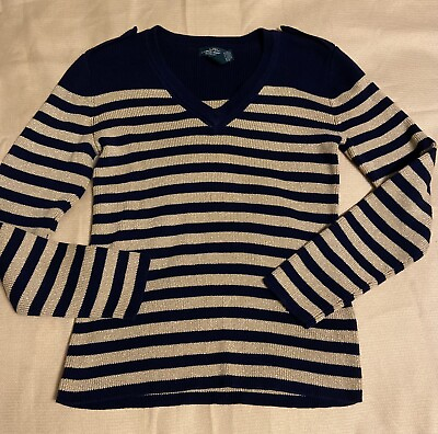 #ad Ralph Lauren Jeans Co Women’s S Sweater Pullover Striped Long Sleeve Gold Blue $18.88