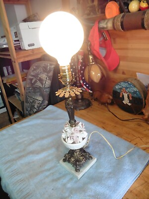 #ad vintage table desk lamp Glass flowers 17quot; no chips Brass and marble working $72.93