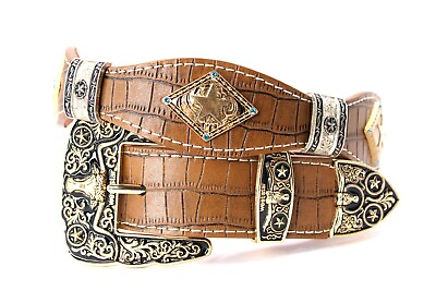 #ad West Belt Brown Silver Star Gold Concho Crocodile Pants Size 34 Cinto Vaquero $34.99