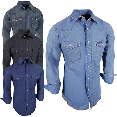 #ad Denim Western Shirt Mens Blue Wash Cotton Snap Pocket Flaps Contrast Stitching $22.95
