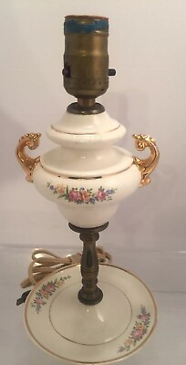 #ad Vintage Mid Century Table Lamp White With Gold Trim Yellow amp; Pink Flowers $35.00