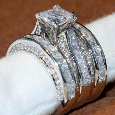 #ad 925 Silver Women Fashion 3Pcs Set Wedding Ring Cubic Zircon Jewelry Sz 6 10 C $3.69