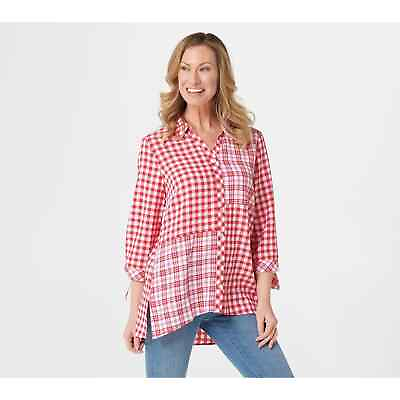 #ad Susan Graver Women#x27;s XL Red Yarn Dyed Gingham Print High Low Button Front Shirt $14.97