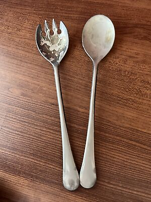 #ad Vintage Salad Serving Spoon and Fork Set Marked Silverplated Italy $7.95