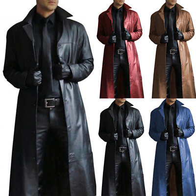#ad Men Motorcycle Long Trench Lapel Collar Slim Leather Jackets Coats Punk Outwear $10.45