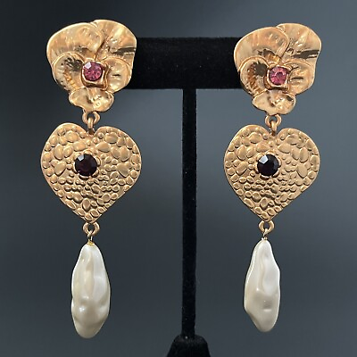 #ad Romantic Dangle Earrings Matte Gold Tone Pearl Pansy Flower Heart Pierced Long $34.99