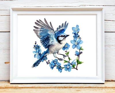 #ad Blue Bird Art Print Blue Bird and Flowers Wall Art Decor Home Decor $9.99