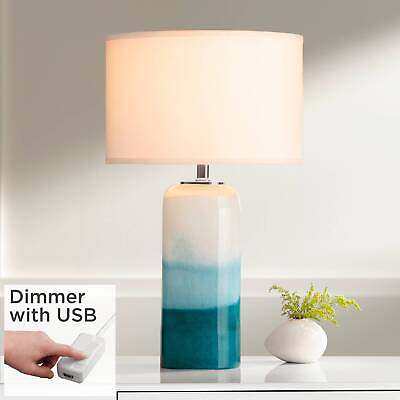 #ad Modern Table Lamp with USB Port Nightlight LED Blue Glass White Drum Living Room $159.94