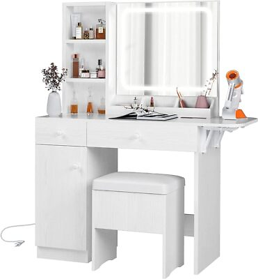 #ad Makeup Table with Lighted Mirror Drawer Storage Stool and Power Outlet $202.98