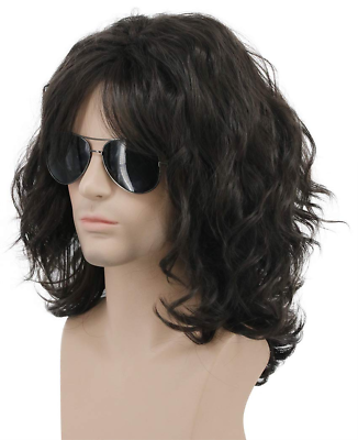 #ad California 70S 80S Rocker Wig Men Women Long Curly Dark Brown Halloween Costume $38.49