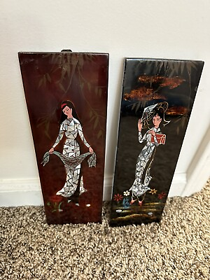 #ad Pair MidCentury Mother of Pearl Inlay Oriental Wall Hanging $85.00