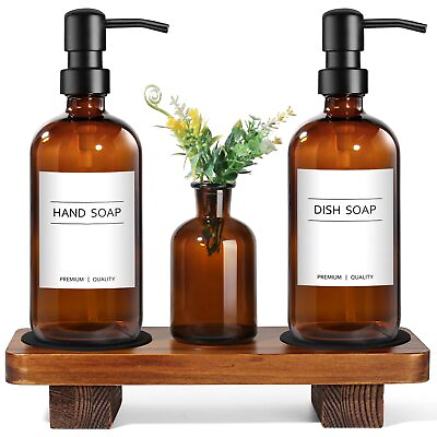 #ad Hand and Dish Soap Dispenser Set for Kitchen Amber Glass Soap Dispenser with... $42.19