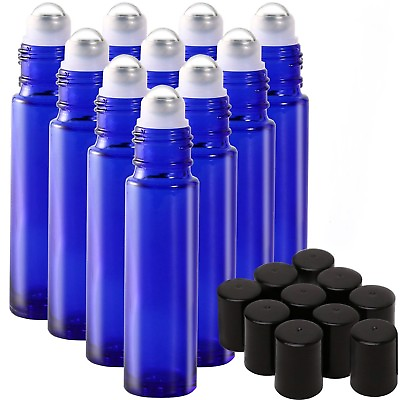#ad 10 ml Blue Glass Essential Oil Roller Bottle Removable Metal Roller 10 PACK $8.79