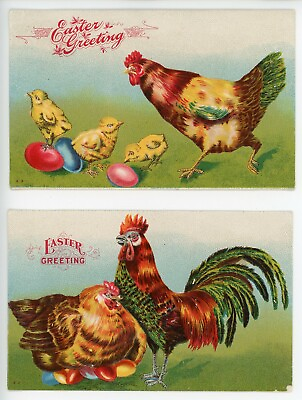 #ad Postcards Easter Greetings Chickens Chicks Eggs Embossed Antique Posted 1908 $7.49