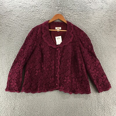 #ad Talbots Lace Inset Button Down Cropped Jacket Blouse Womens 18W Crimson Red $23.99