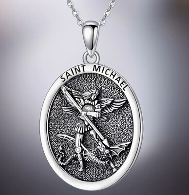 #ad New St Saint Michael Archangel Angel Oval Metal Pendant Necklace Steel $8.88