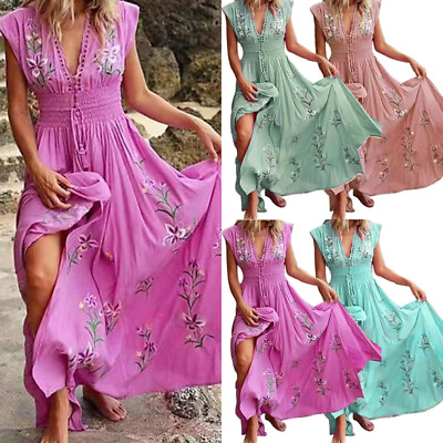 #ad New Women Summer Boho Long Maxi Beach Dress Ladies Evening Party Floral Sundress $16.47